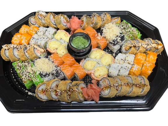 Rinkinys Nr. 10 / 72 vnt (California (3), Vulcano (14), Chiken sesame (32), Hot cheese salmon (43), Kani (2), Green salmon (35), Philadelphia (6), Salmon surimi avocado tempura (51), Prawn tempura massago roll (7))