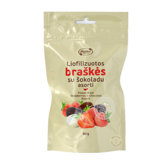 Liofilizuotos braškės su šokoladu asorti, 80g.